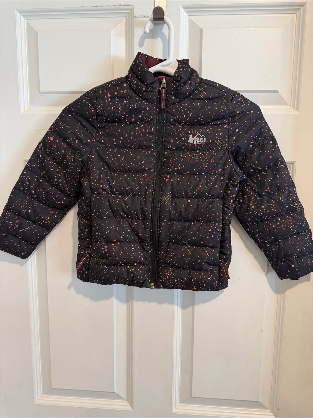 REI Kids Black Puffer Jacket with Pink Confetti Print